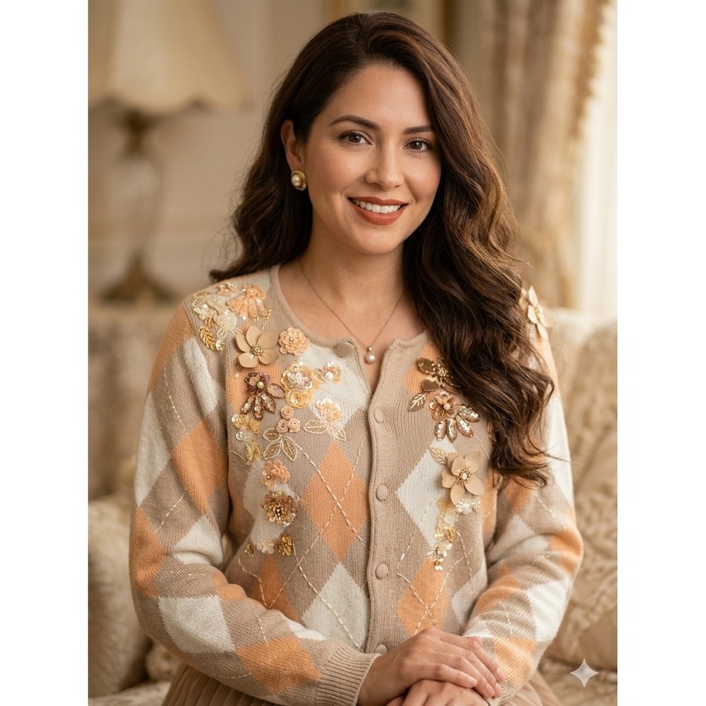 Victor Costa Occasion Cardigan vintage90 Women Medium Tan‎ Argyle  Floral Sequin